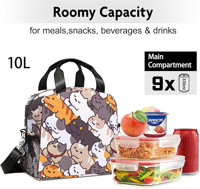 Lunch box Kids,Insulated Cat Lunch Bag Cute Small Lunch Totebag Reusable Leakproof Lunch Bag With Shoulder Strap for Girls Boys Women School Work Picnic