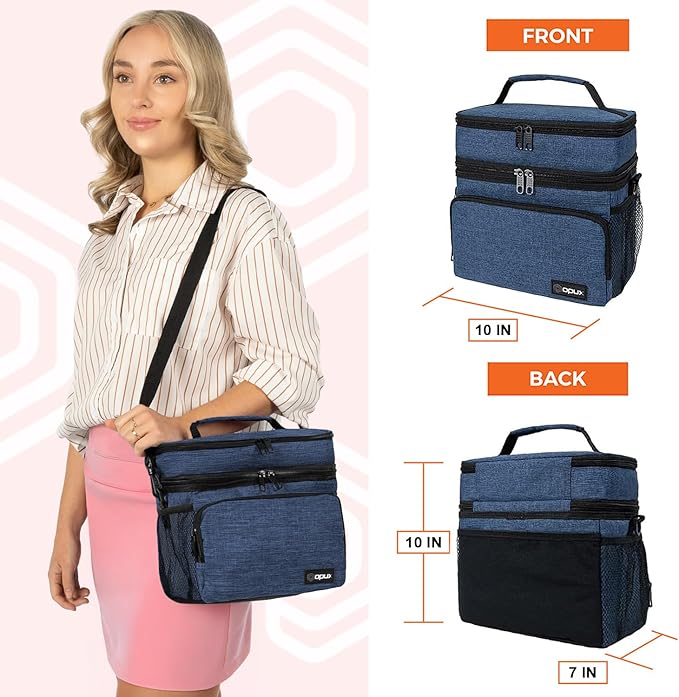 opux Insulated Lunch Bag for Men Women, Large Dual Compartment Cooler Bag, Soft Two Deck Lunch Box for Work School Picnic, Leakproof Lunch Tote with Shoulder Strap for Kid Adult (Navy, Double Deck)