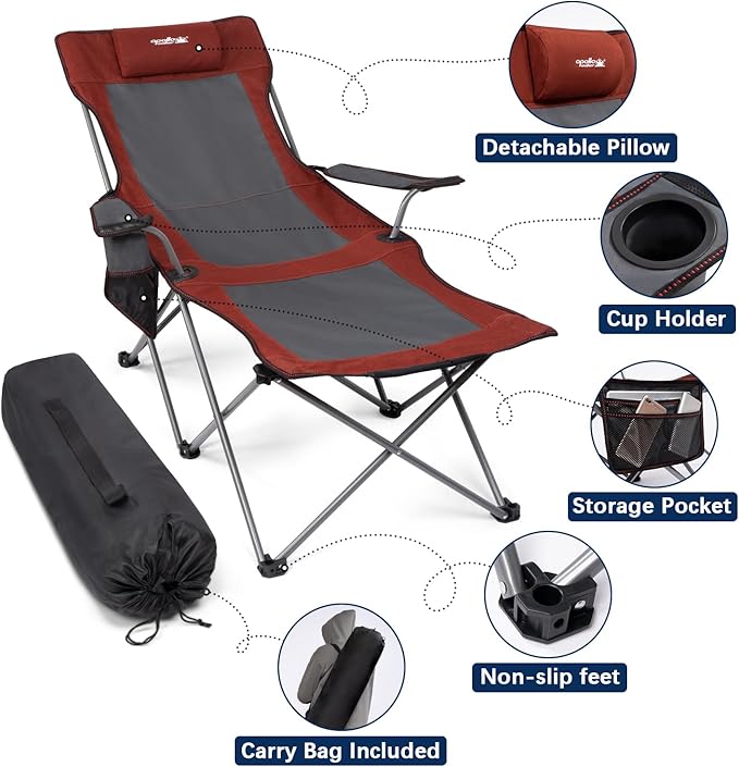 apollo walker Camping Chairs for Adults - 6 Legged Beach Chair with Foot Rest, Adjustable 90° - 135° Reclining Lounge Chair Outdoor, Folding Chairs for Outside with Detachable Pillow & Carry Bag Red