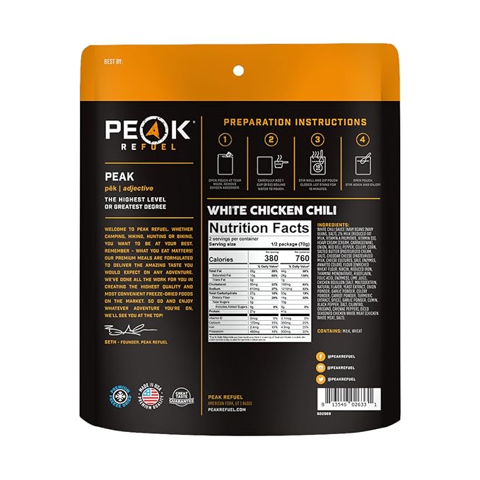 Peak Refuel White Chicken Chili | 41g Protein | 760 Calories | 100% Real Meat | Premium Freeze Dried | Amazing Taste & Quality | Backpacking & Camping & Prepper Food | 2 Servings