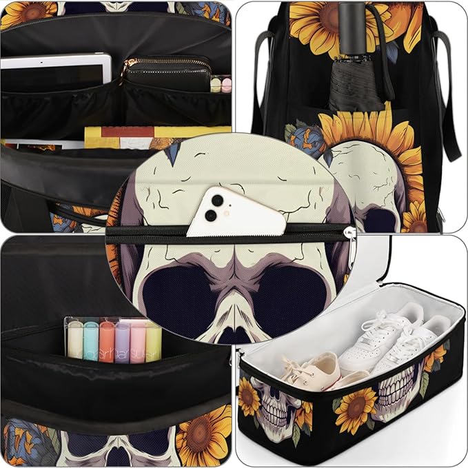cfpolar Woman Travel Duffel Bag Sunflower Flower Skull Foldable Tote Carry On Luggage Sports Gym Bag With Shoe Compartment Overnight Weekend Yoga Workout Bag Training Handbag