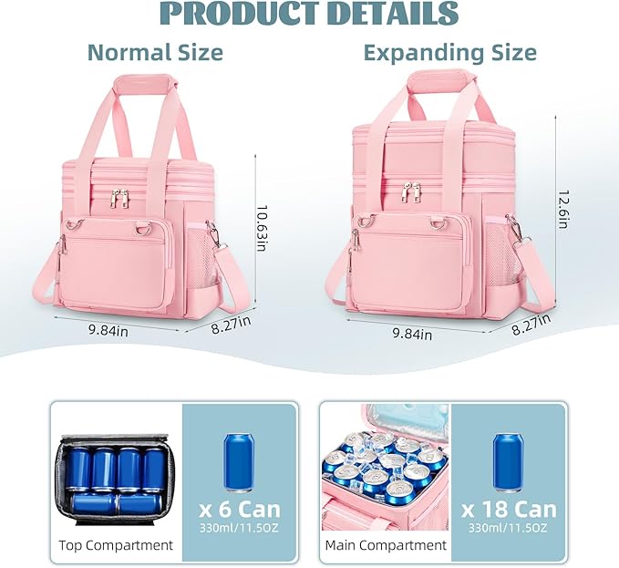 Insulated Lunch Box for Men/Women: Reusable Lunch Bag for Work Office Daytrip Picnic Beach - Leakproof Cooler Tote Bag Organizer for Adults - Pink