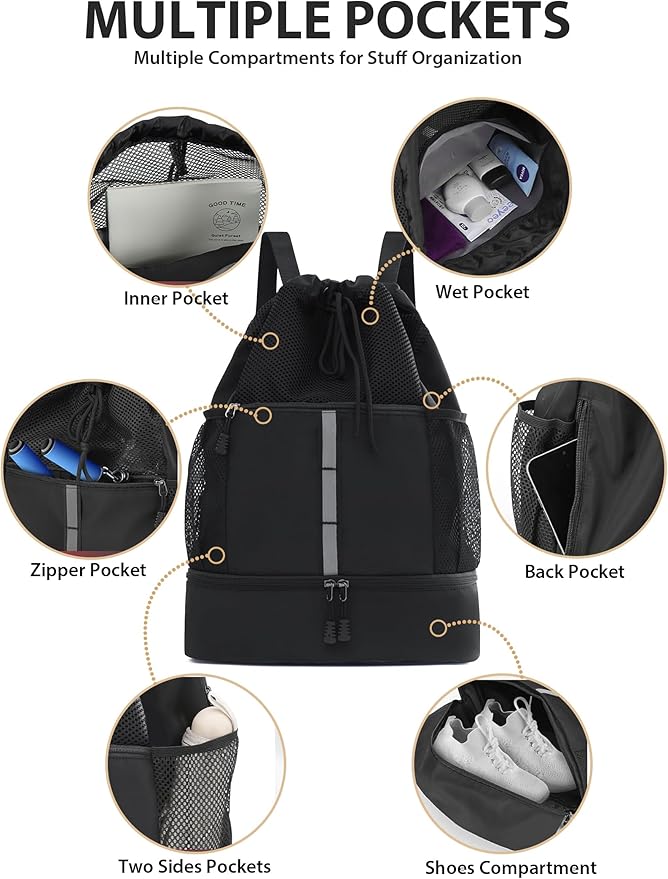 U.helper Waterproof Gym Drawstring Backpack, Sports Sack with Shoes Compartment & Wet Pockets for Ball/Beach/Swim Training (Black)