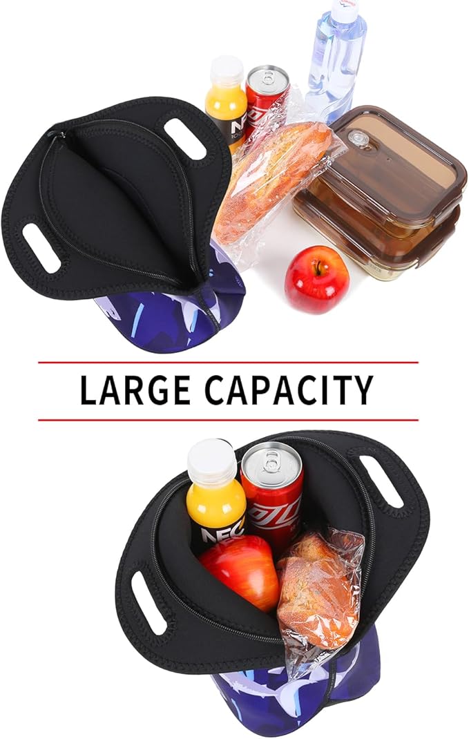 Violet Mist Blue Neoprene Lunch Bag Tote Shark Large Insulated Lunch Containers Waterproof Soft Thermal Lunch Box for Men Women Washable Cartoon Reusable Bento Bag for Adult Picnic Work Travel, Shark1