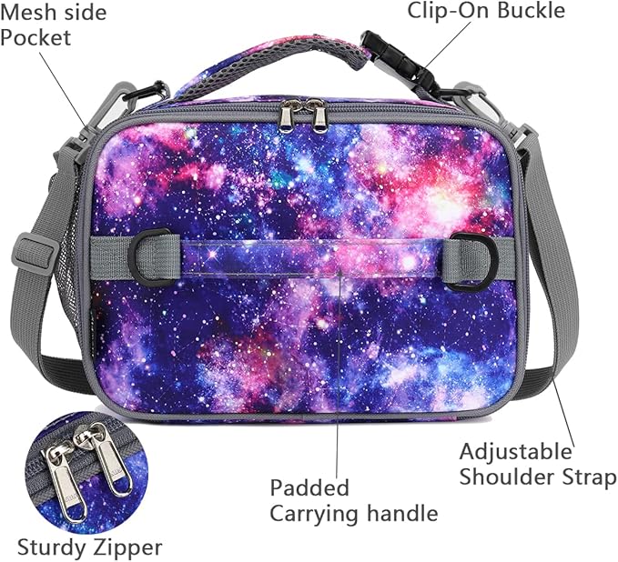 FlowFly Kids Lunch Bag, Durable Insulated School Lunch Box with Shoulder Strap and Bottle Holder, Water-resistant Thermal Small Lunch Cooler Tote for Teen Boys & Girls,Galaxy