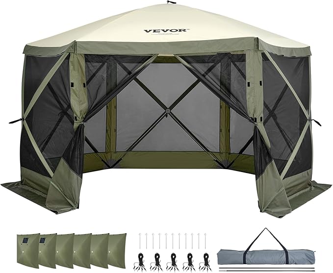 VEVOR Pop Up Gazebo Screen Tent, Instant Gazebo Tent with Mosquito Netting Outdoor Canopy, 6 Sided Sun Shelter 12x12ft w/ 6 Removable Wind Cloths & 2 Mesh Windows, Pavilion Tent for Patio, Army Green