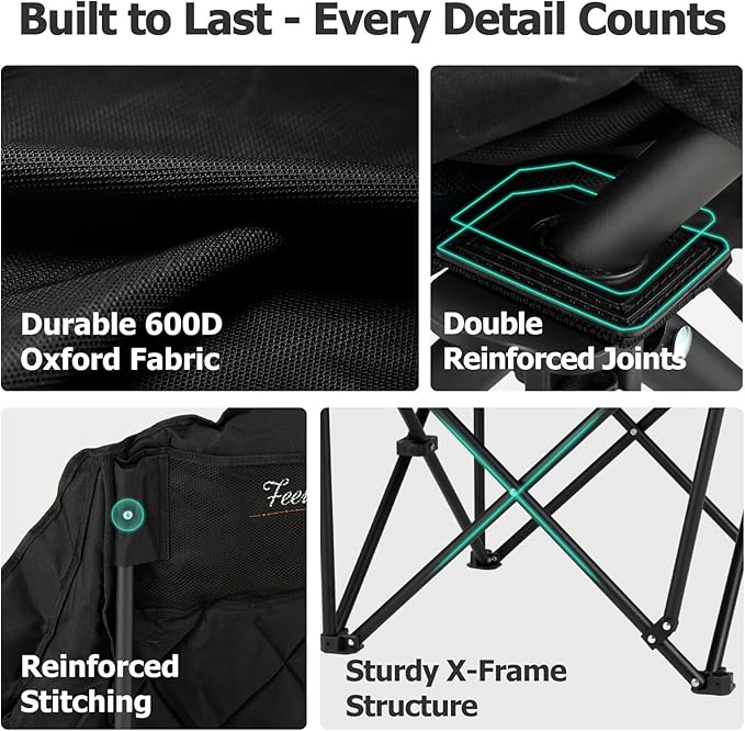 Overmont Oversized XL Camping Chair for Adults - 450lbs Support Heavy-Duty Padded Folding Chair with Side Pocket Cup Holder Cooling Bag for Outdoor Sports Garden Beach Fishing Lawn Black