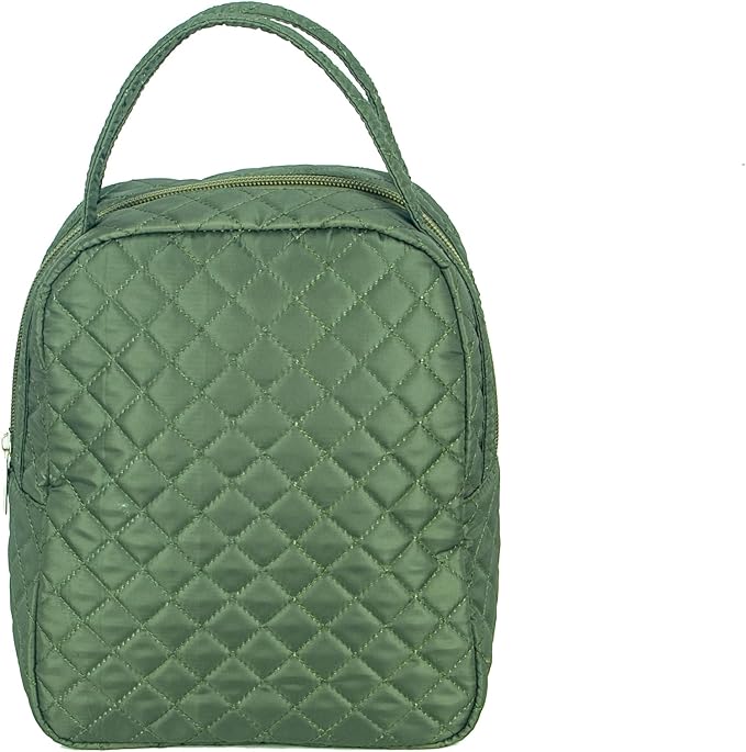 Machine Washable Women Quilted Fabric Insulated Reusable Cooler Lunch Bag Tote Adult Thermal Lunch Box Storage Bag for Ｗork (Green)