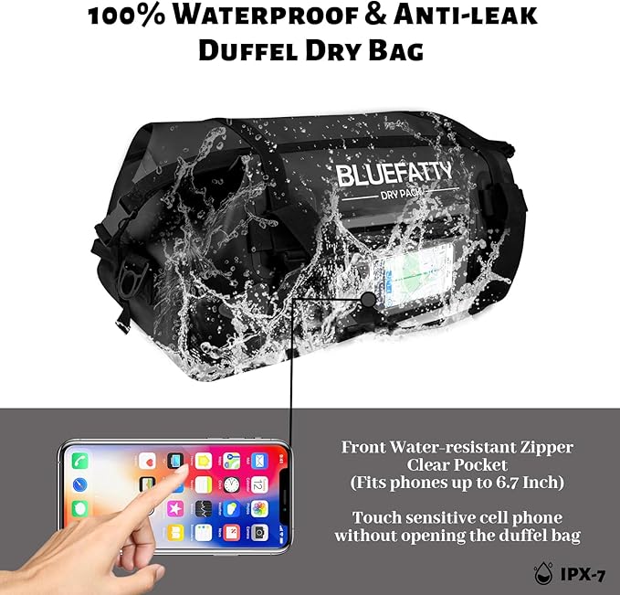 Waterproof Motorcycle Duffel Bag Roll Top Dry Duffel Bag with Quick-fixed Straps for Rafting, Boating, Kayaking, Travel, 50L(Black)