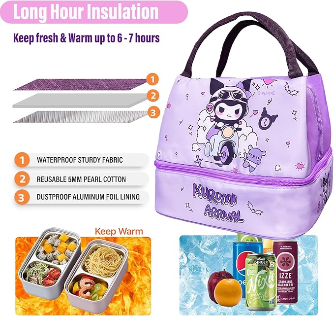 Kawaii Insulated Lunch Bag for Women Men, Cute Reusable Large Capacity Lunch Box, Double Compartment Container Lunch Tote Bag, Thermal Cooler Bag Food Handbags for Work Travel (Purple)