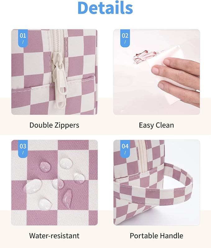 Narwey Checkered Clear Makeup Bag Cosmetic Bag with Zipper for Travel, Clear Toiletry Bags for Traveling Toiletries Women Men, Make Up Pouch with Handle, Skincare Bag (Dusty Pink Checkerboard)