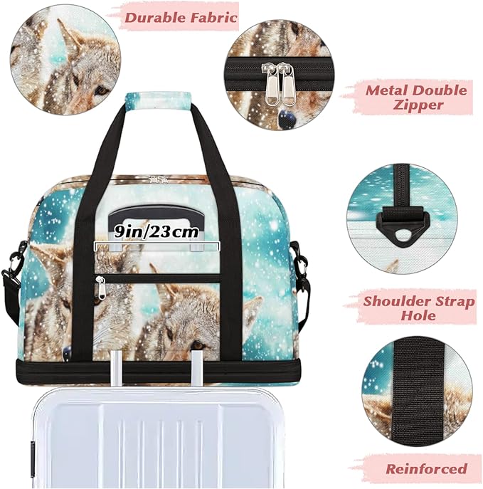 Wolf Snow Foldable Travel Duffel Bag Tote Carry On Luggage Sports Gym Bag With Shoe Compartment For Woman Man Overnight Weekend Yoga Workout Bag Training Handbag