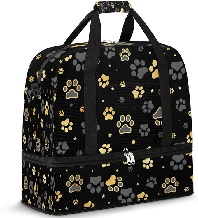 Dog Paw Print Foldable Travel Duffel Bag, Expandable Sports Gym Bag with Shoes Compartment Weekender Overnight Totes Bags for Women Men