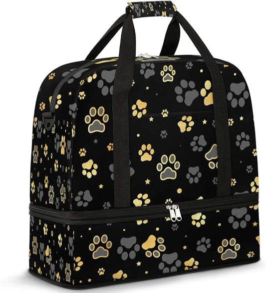 Dog Paw Print Foldable Travel Duffel Bag, Expandable Sports Gym Bag with Shoes Compartment Weekender Overnight Totes Bags for Women Men