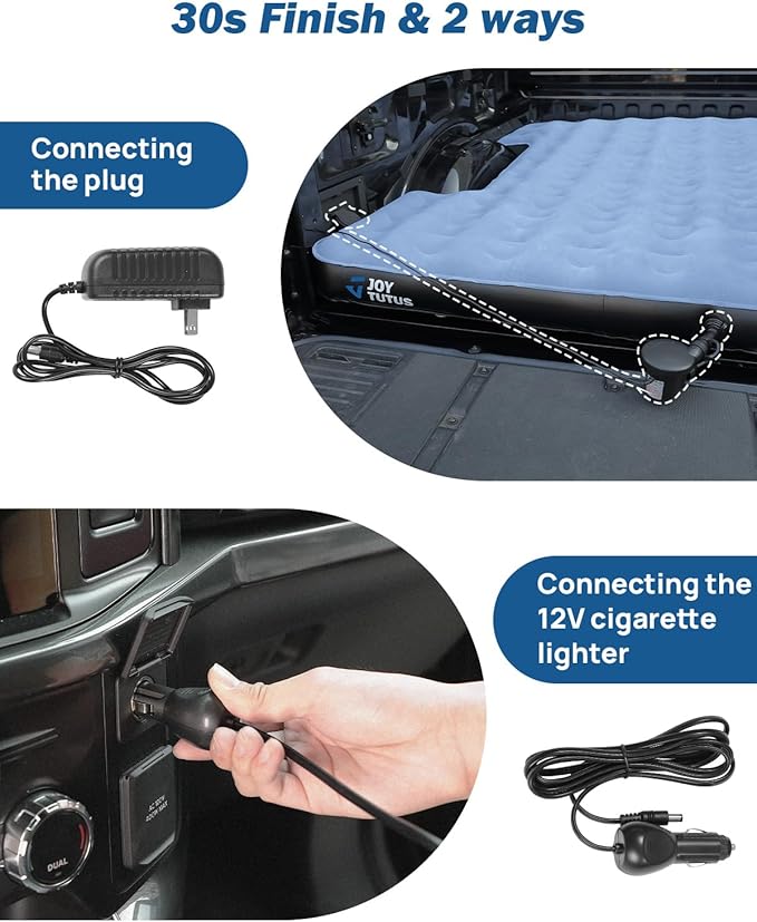 JOYTUTUS Truck Mattress for Camping,Air Bed with Inflatable Pillow for 6.4-6.7Ft,Full-Size Thicken Sleeping Pad with Cup Holder, Blow Up Bed for Car Truck Pickup F150, Grey Blue