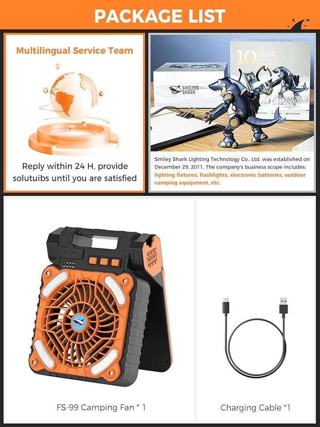 Smiling Shark Camping Fan With LED Lantern, 4 Speeds Powerful Wind Portable 6000 mAh Solar Rechargeable 90° Foldable Camp Fan With Power Bank & 3 Timer Cordless Tent Fan For Camping Fishing Hiking
