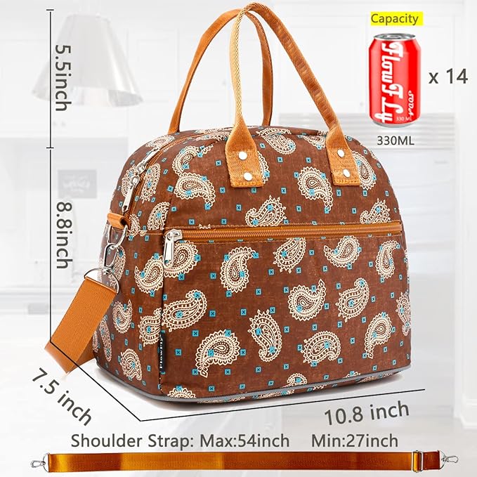 FlowFly Insulated Lunch Bag With Shoulder Strap for Women, Men, and Kids, Large and Reusable, Handle, Freezable Work and School Travel Tote and Meal Prep Organizer,Cashew