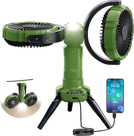 Solar Camping Fan Rechargeable,6000 mAh Battery Powered Automatic Oscillating Tent Fans with 4 Solar & LED Light Panals,Portable Camping Essentials for Canopy,Fishing,Travel,Outdoor,Green