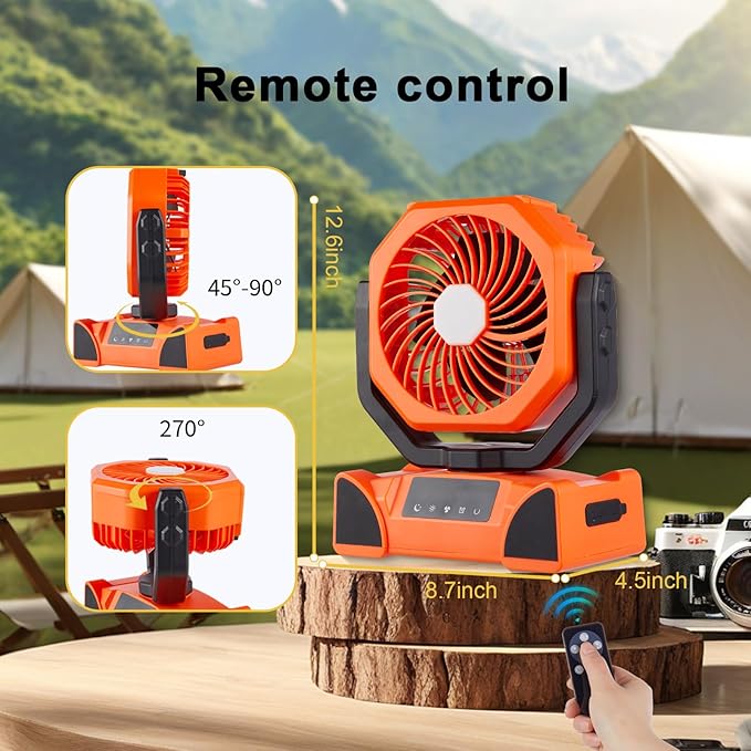 Rechargeable Fan,Operated Camping Battery Powered Fan with Hook&Bright LED Light,Remote Control Timer Auto Oscillation Cordless for Outdoor Power Outage,Tent,Picnic,Barbecue,Fishing,Travel,Home