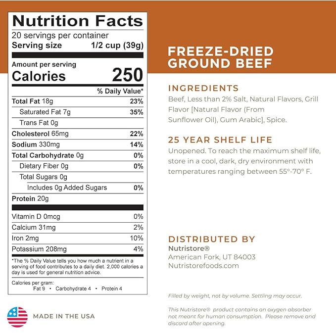 Nutristore Freeze Dried Ground Beef | Pre-Cooked Hamburger Meat for Backpacking, Camping, Meal Prep | Long Term Survival Emergency Food Supply | 25 Year Shelf Life | Bulk #10 Can | Made in USA