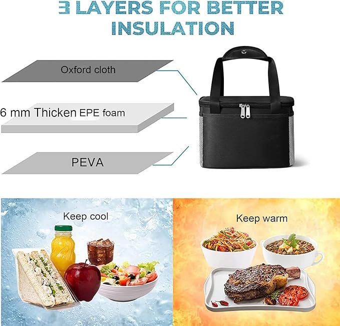 Yansanido 6L Thickened Black Reusable Insulated Lunch Bag for Women and Men Travel Picnic and Lunch Box (Small, Black)