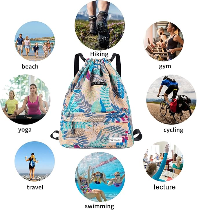 Drawstring Backpack with Mesh Pockets String Gym Bag Sackpack Sandproof Water Resistant Beach Backpack for Men Women