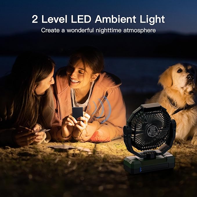 FRIZCOL 3-in-1 Camping Fan - Portable Fans Rechargeable - 12000mAh Battery Powered Fan(70Hrs) with Light & Remote for Indoor, Outdoor, Tent, Travel, BBQ, Fishing, Jobsite - Green