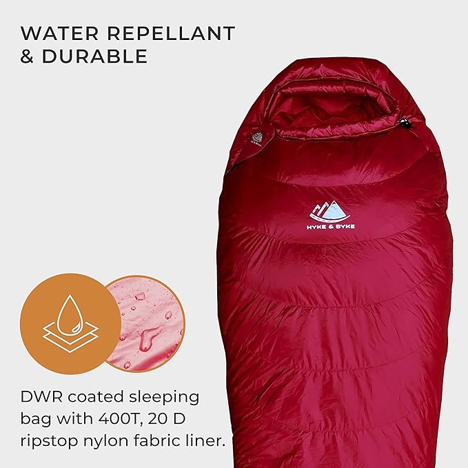 Hyke & Byke Shavano 32 F Hiking & Backpacking Sleeping Bag - 3 Season, 650FP Duck Down Sleeping Bag - Ultralight - Black - 78in - Regular