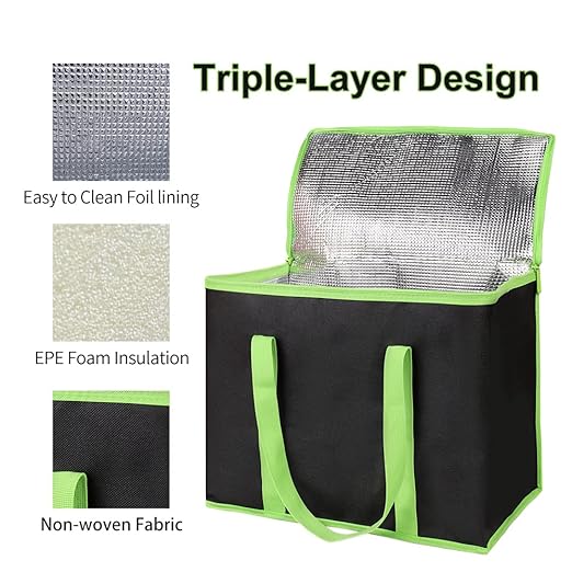 Bodaon 3-Pack Insulated Pizza Delivery Bags, X-Large Reusable Grocery Shopping Bags, Black with Green Edge