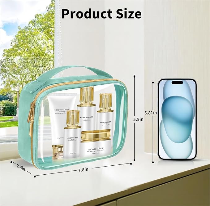 TSA Approved Travel Toiletry Bag,2 Pack Clear Makeup Bags with Handles,Quart Size Clear Cosmetic Bags for Traveling Women,Men,Carry on Airport Airline Compliant Bag,Green