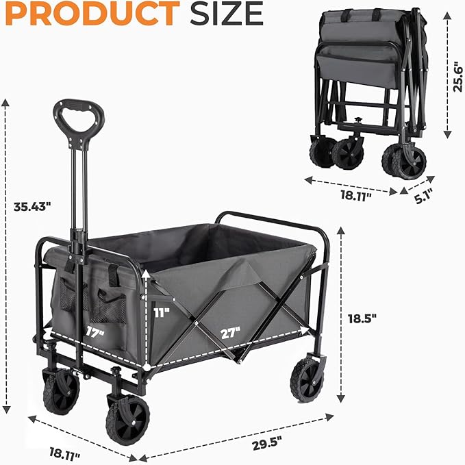 Collapsible Wagon 220 lbs, Heavy Duty Wagon Carts Foldable, Portable Wagons for Groceries, Beach Cart with All-Terrain Wheels & Drink Holders, Utility Wagons for Shopping, Sports, Camping, Grey