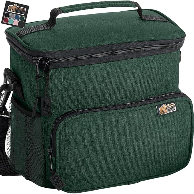 GORILLA GRIP Reusable Insulated Lunch Box Bag, Large Capacity, Leakproof Soft Cooler Bags, Mesh Pockets and Adjustable Strap, Food Tote for Work Camping School, Keep Drinks Cold, 8L, 10x9 Hunter Green