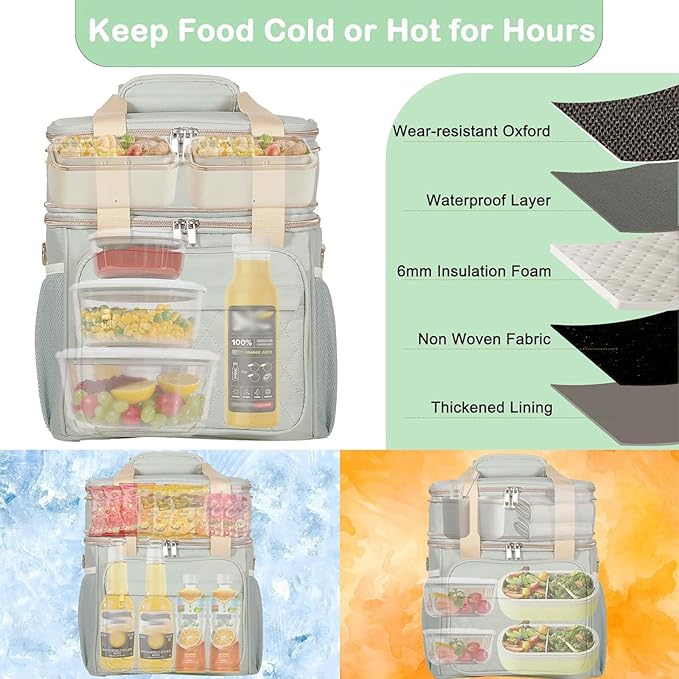 GLENKEY Expandable Lunch Box for Women, Double Deck Large Insulated Lunch Bag Leakproof Soft Cooler Bags Lunch Cooler for Adults Work Office Flight Travel, Green