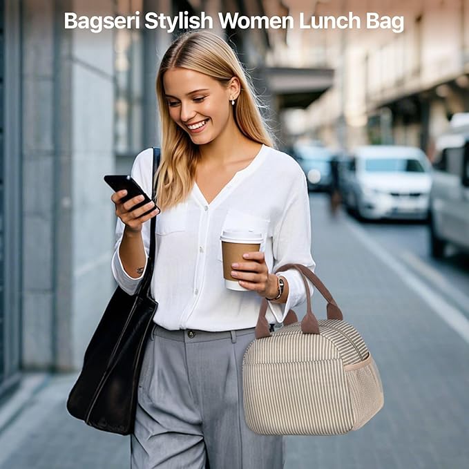 Bagseri Insulated Lunch Bag Women - Reusable Leakproof Thermal Cooler Sack Food Handbags Case High Capacity for Work and Picnic (Khaki White Stripe)