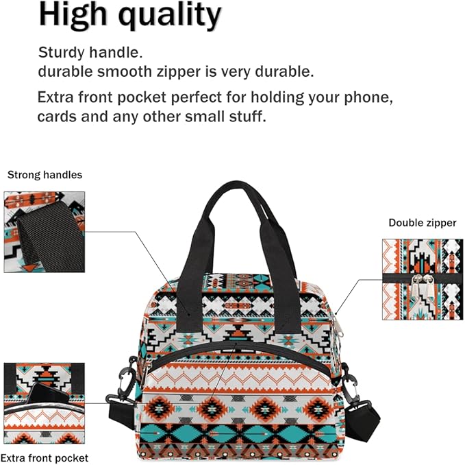 Western Style Insulated Lunch Bags for Women Men Adult Ethnic Aztec Geometric Reusable Lunch Tote Therma Cooler Bag with Shoulder Strap Lunch Box for School Work Office Picnic Meal Prep Bag