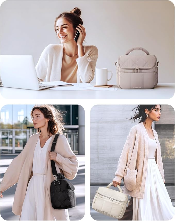 BAGSMART Insulated Lunch Bags for Women, Cute Quilted Lunch Box, Lightweight Puffy Padded Waterproof Lunch Tote, Reusable Lunch Cooler for Work Picnic Travel, Pink