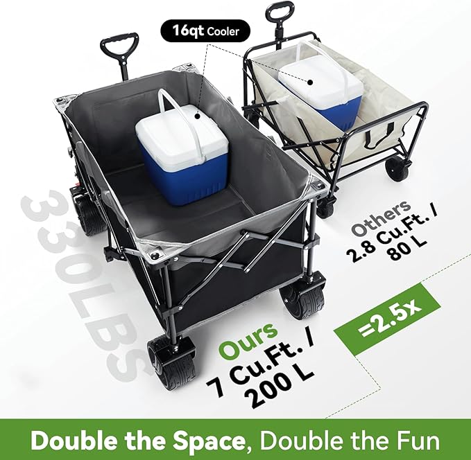 Hikenture Collapsible Wagon Cart, 330lbs Capacity Beach Wagons with Big Wheels for Sand, Heavy Duty Foldable Cart with Brakes, Portable Utility Folding Garden Cart for Outdoor