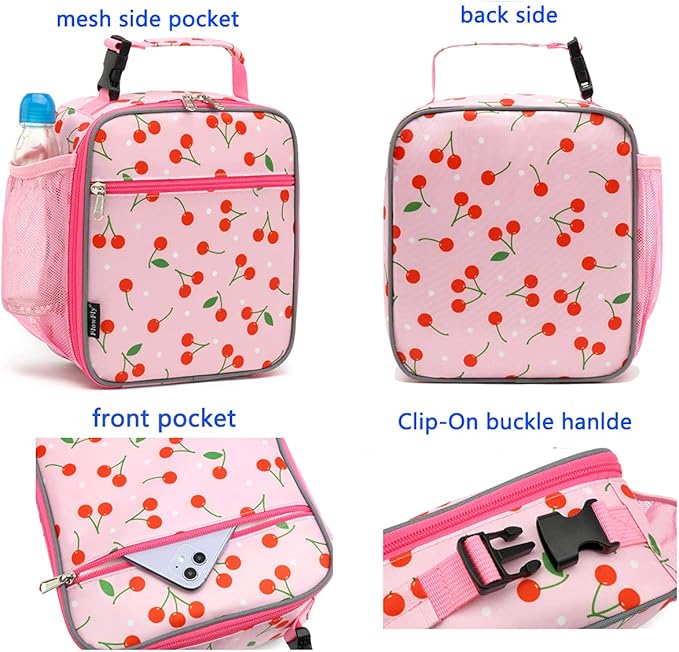 FlowFly Kids Lunch box Insulated Soft Bag Mini Cooler Back to School Thermal Meal Tote Kit for Girls, Boys, Cherry
