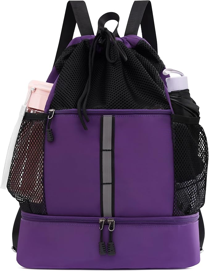 U.helper Waterproof Gym Drawstring Backpack, Sports Sack with Shoes Compartment & Wet Pockets for Ball/Beach/Swim Training (Purple)