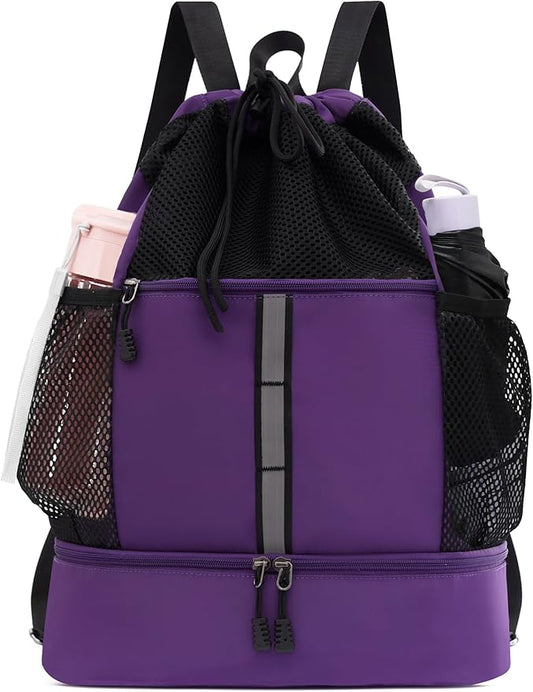 U.helper Waterproof Gym Drawstring Backpack, Sports Sack with Shoes Compartment & Wet Pockets for Ball/Beach/Swim Training (Purple)