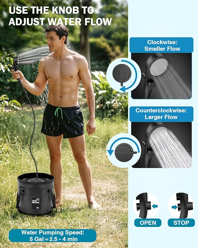 Portable shower for camping, 6000mAh Camping Shower with LED Display, Camp Shower with 5 Gallons Collapsible Bucket, portable camping shower with 3 Spray Modes for Hiking, Travel, Car, Pet