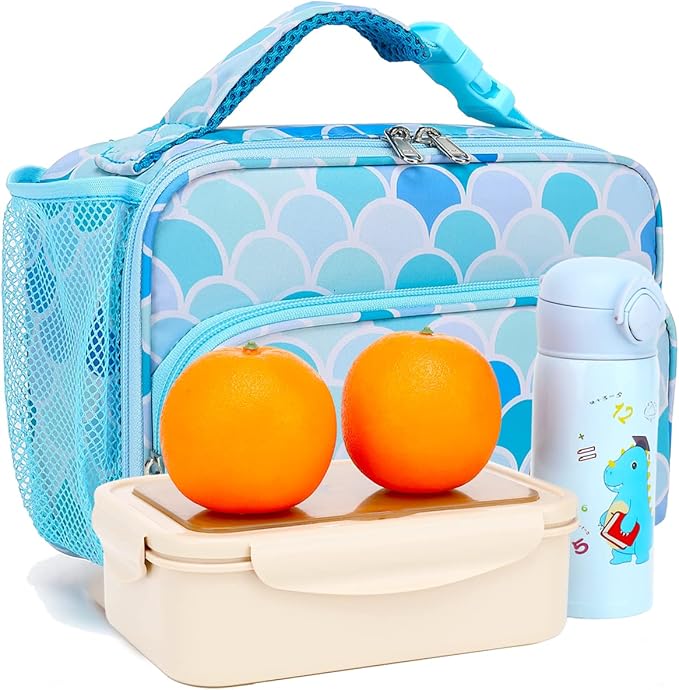 FlowFly Kids Lunch box with buckle Insulated Cooler Back to School Thermal Meal Tote Kit for Girls, Boys (Mermaid)