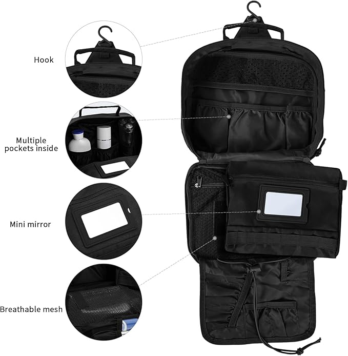 SUNRISING Tactical Toiletry Bag for Men - Hanging Travel Dopp Kit, Shaving Hygiene Organizer, Durable Bathroom Essentials for Short Trips & Camping Black