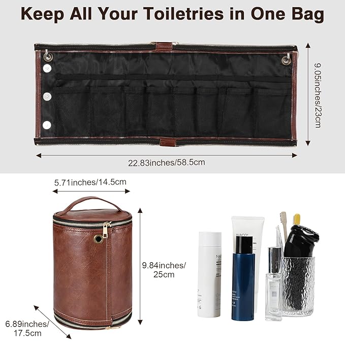 Luxspire Toiletry Bag for Men, Travel Toiletry Organizer Dopp Kit, PU Leather Water-resistant Shaving Bag for Toiletries Accessories, Gift for Mens, Brown