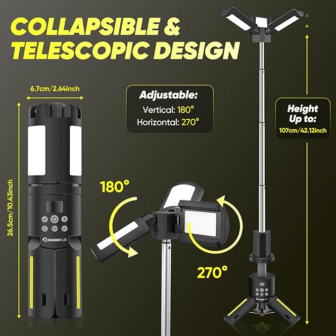 Telescopic Camping Lights with Stand, 5000LM Rechargeable LED Flashlight, 9 Color Modes, Collapsible Tent Lantern with Reflective Strips, Magnetic Base for Power Outages, Camping & Emergency