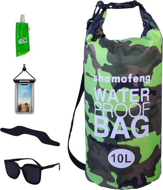 Waterproof Dry Bag Combo 5-30L Roll Top Dry Storage Bag Backpack for Kayaking Boating Beach Camping Travel Fishing, w/Phone Case & Collapsible Water Bottle & Sunglasses & Ear Band,Green 5L