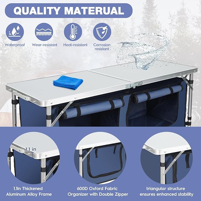 Outdoor Folding Camping Table with Storage Organizer, Portable Aluminum Composite Panel Lightweight Table, 3 Adjustable Height, for Indoor, BBQ, Party, Picnic, Hiking, Blue