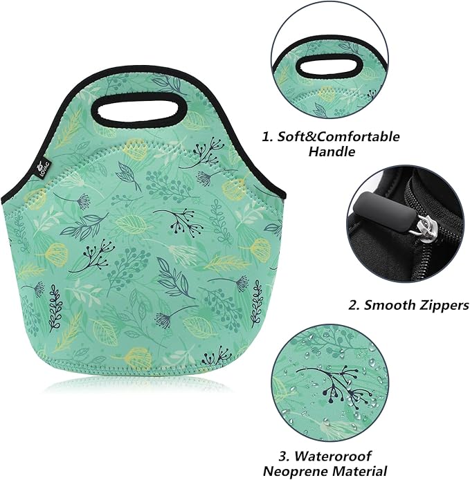 LOVAC Neoprene Lunch Bag, Thick Insulated Lunch Bag - Durable & Waterproof Lunch Tote With Zipper For Outdoor Travel Work School (Leaf)