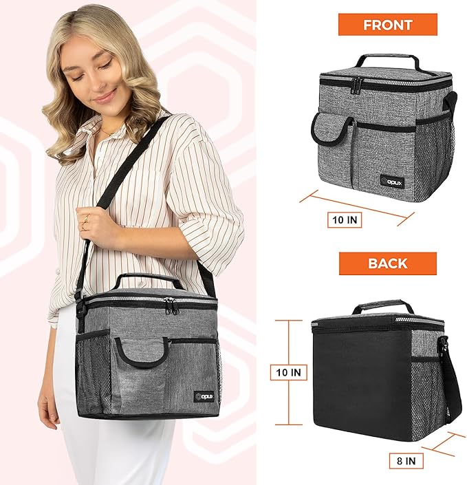 opux Insulated Lunch Bag for Men Women, Leakproof Heather Gray Lunch Box for Work, Portable Soft Lunch Cooler Bag with Shoulder Strap, Adult Lunchbox Lunch Pail for Kid Boy Girl School, 18 Can/10L