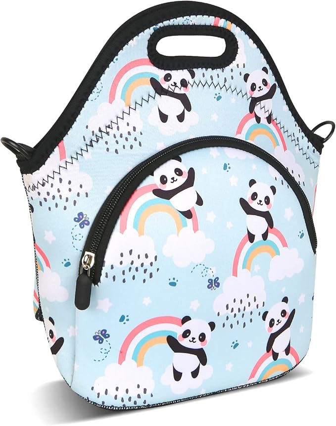 Violet Mist Neoprene Lunch Bag Reusable Insulated Lunch Box with Adjustable Shoulder Strap&Pocket for Women,Men,Adults,Cute Cartoon Panda Snack Bags Anime Animal Work Picnic Travel Tote Food Handbags